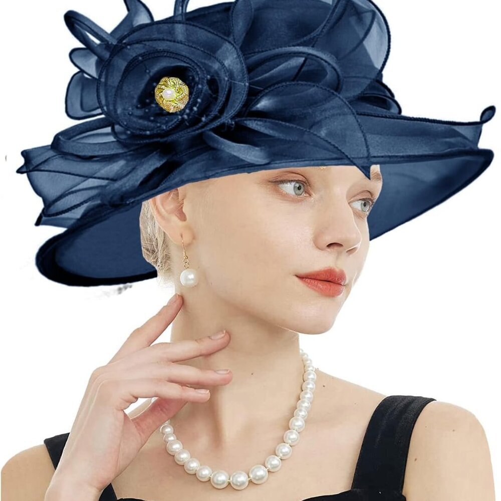 Women's Navy Blue Organza Wide Brim Hat ~ Derby or Church Ready!!